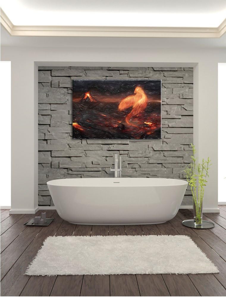 Pixxprint Brennender Phönix Vulkanlandschaft als Leinwandbild/Grösse: 100x70 / Wandbild/Kunstdruck/f