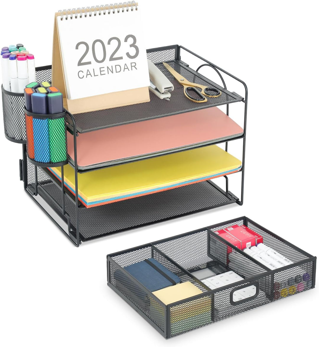 Marbrasse Schreibtisch Organizer,4-stöckig Papier Briefablage Organizer mit Schublade,2 Stifthalter,