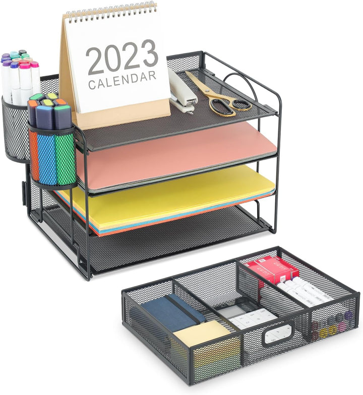 Marbrasse Schreibtisch Organizer,4-stöckig Papier Briefablage Organizer mit Schublade,2 Stifthalter,