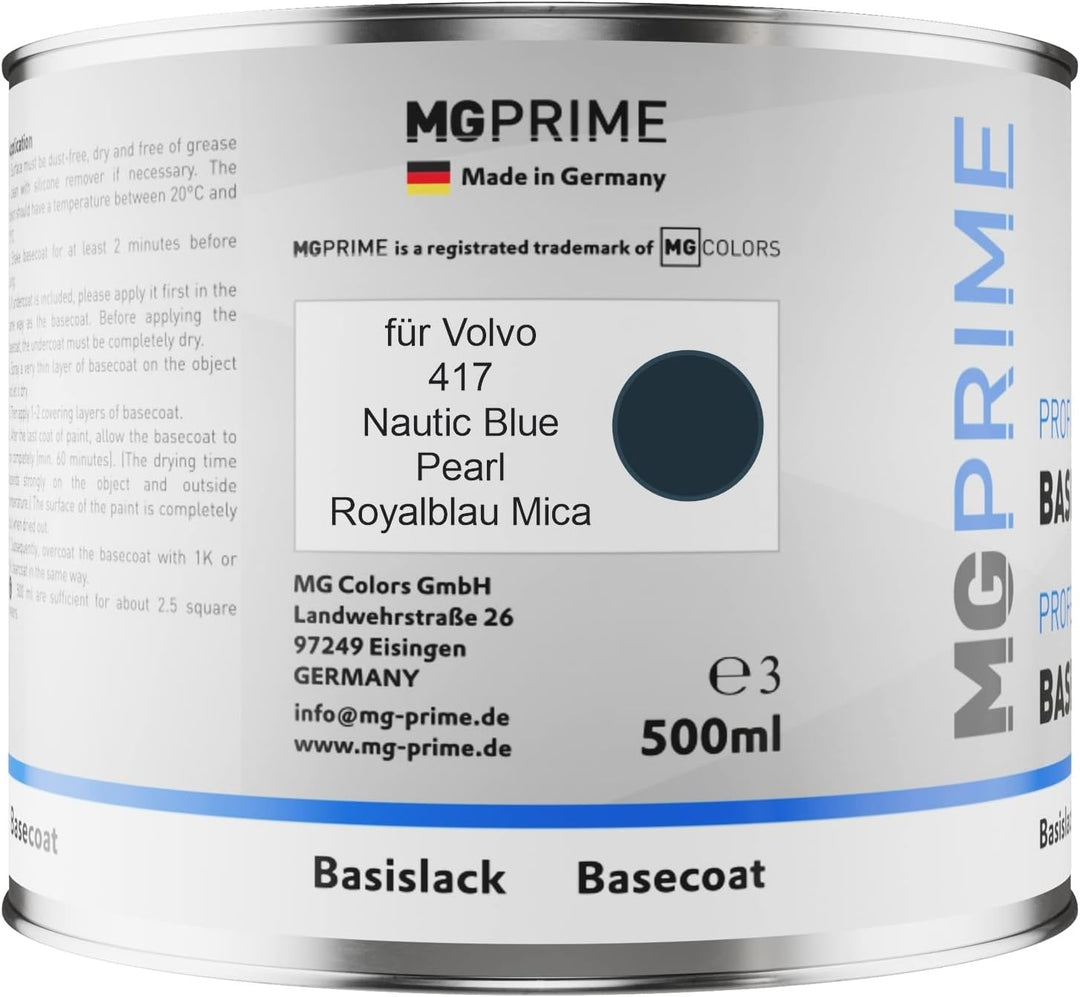 MG PRIME Autolack Dose spritzfertig für Volvo 417 Nautic Blue Pearl/Royalblau Mica Basislack 0,5 Lit