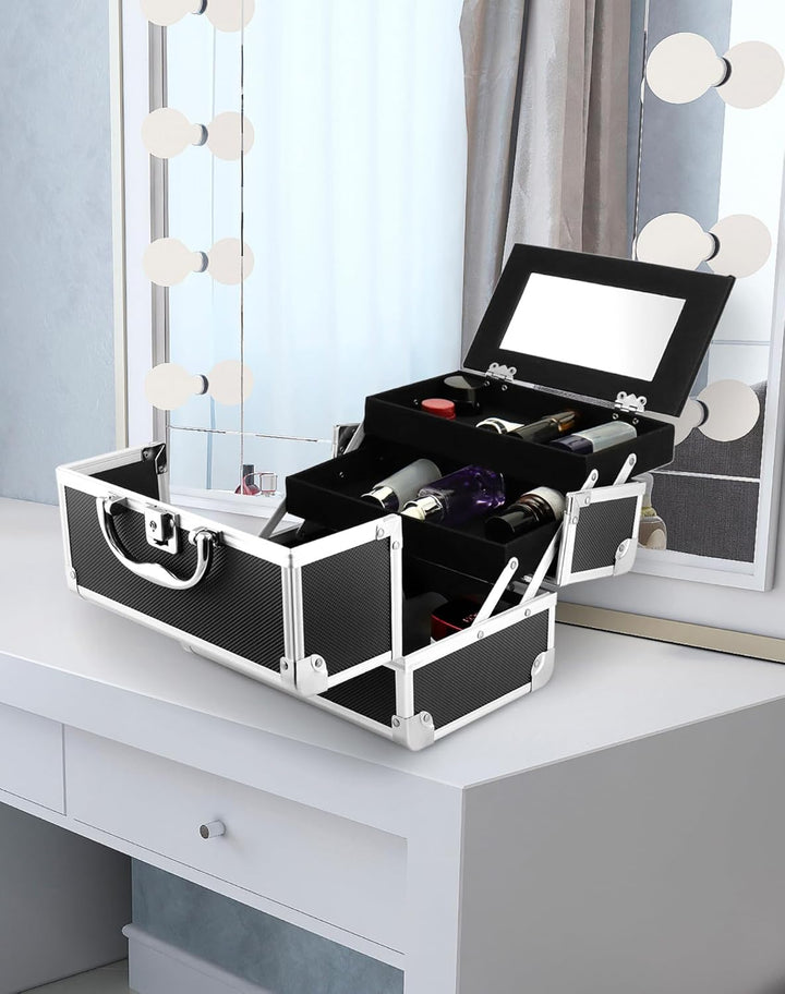 QWORK® Tragbarer Kosmetikkoffer mit Spiegel, Schminkkoffer in Schwarz, Schminkkasten Aluminiumlegier