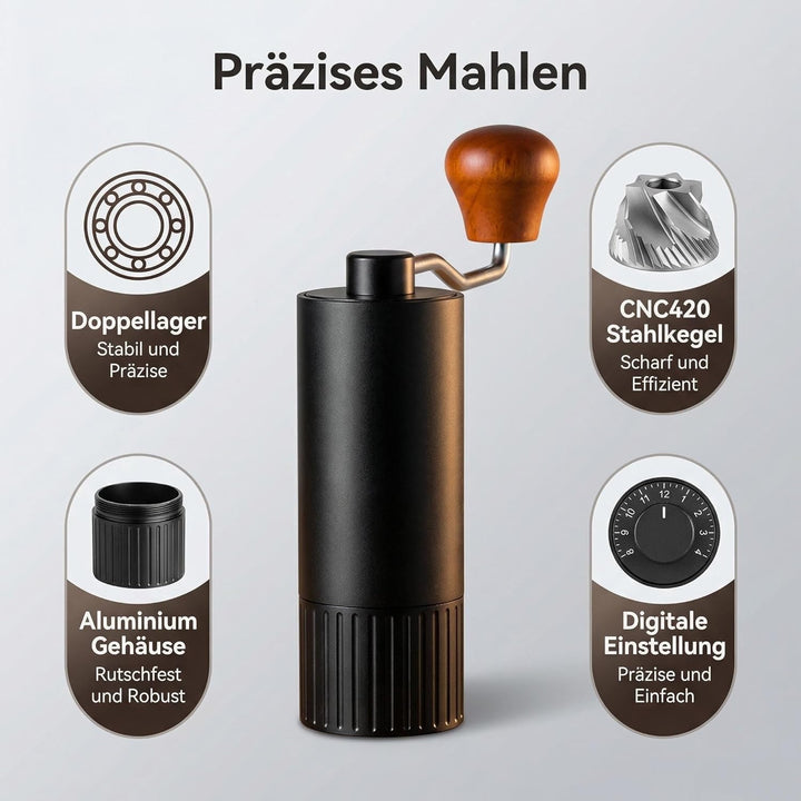 Handkaffeemühle mit CNC 420 Edelstahl Kegelmahlwerk, Verstellbarer Mahlgrad Tragbare Manuelle Kaffee