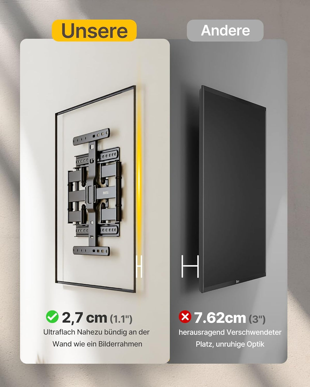 monTEK 1.1" Ultra Slim TV Wandhalterung für 37–75 Zoll Fernseher, Schwerlast Wandhalterung Fernseher