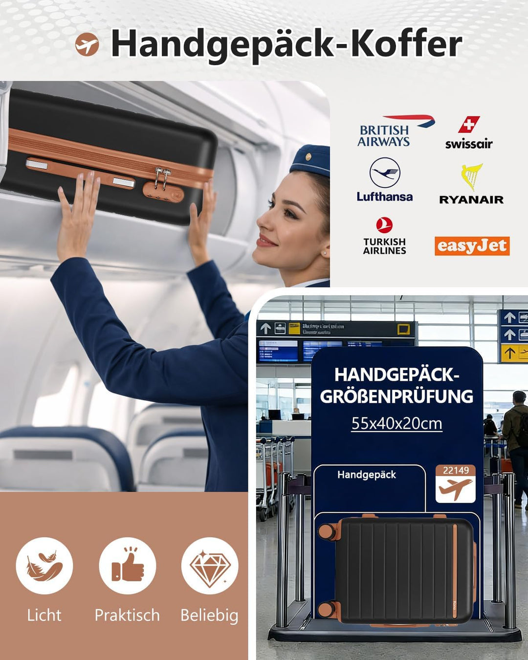 KONO Handgepäck Koffer 55x40x20cm, 34L Hartschalen Reisekoffer für Kurztrips und Business, Koffer Tr