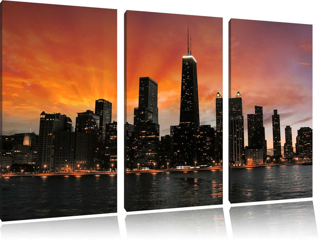 Pixxprint Chicago-Wolkenkratzer-Silhouette als Leinwandbild/Grösse: 3 Teilig (120x80) / Wandbild/Kun