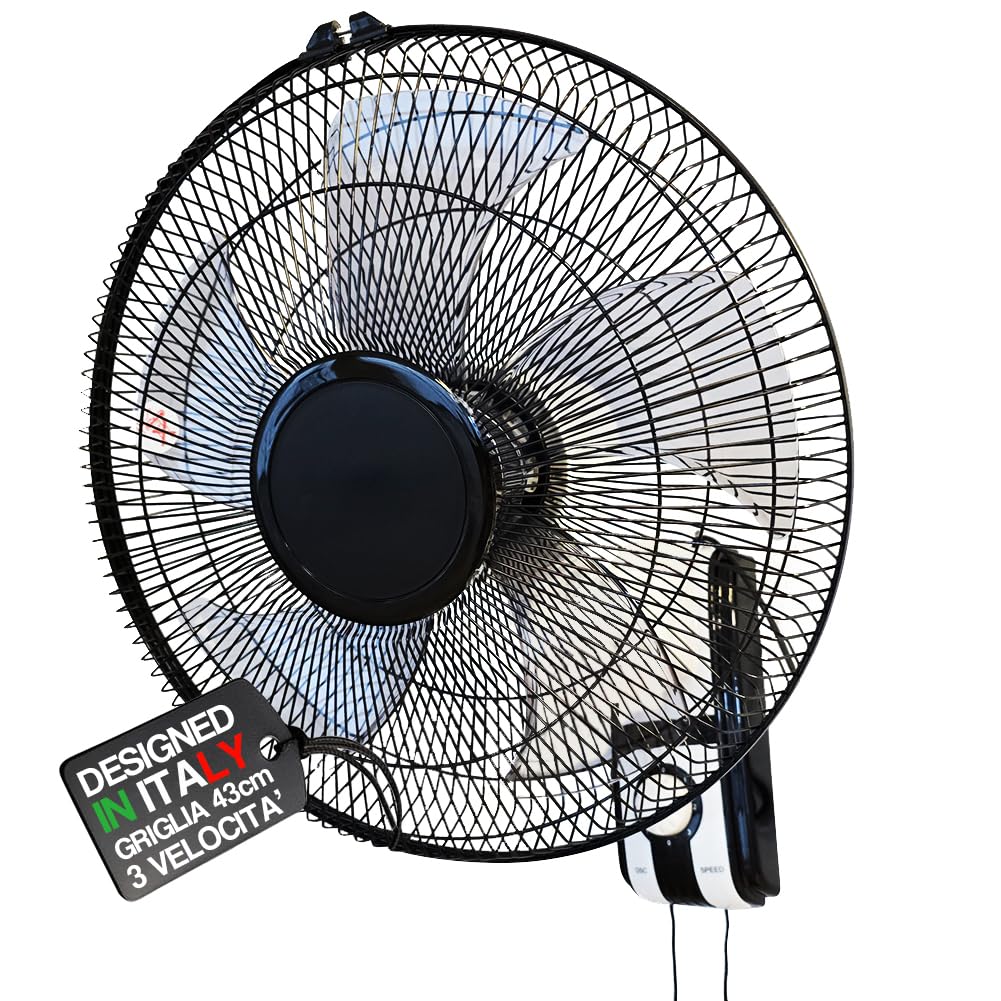 BAKAJI Wandventilator mit Gitter von 43 cm und 3 wählbaren Geschwindigkeitsstufen, Wandkühler mit 5