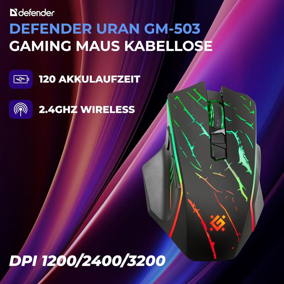 Defender® Uran Kabellose Gaming Maus – Wireless Funkmaus mit RGB, 3200 DPI, FIRE-Taste, 5 Tasten & 1