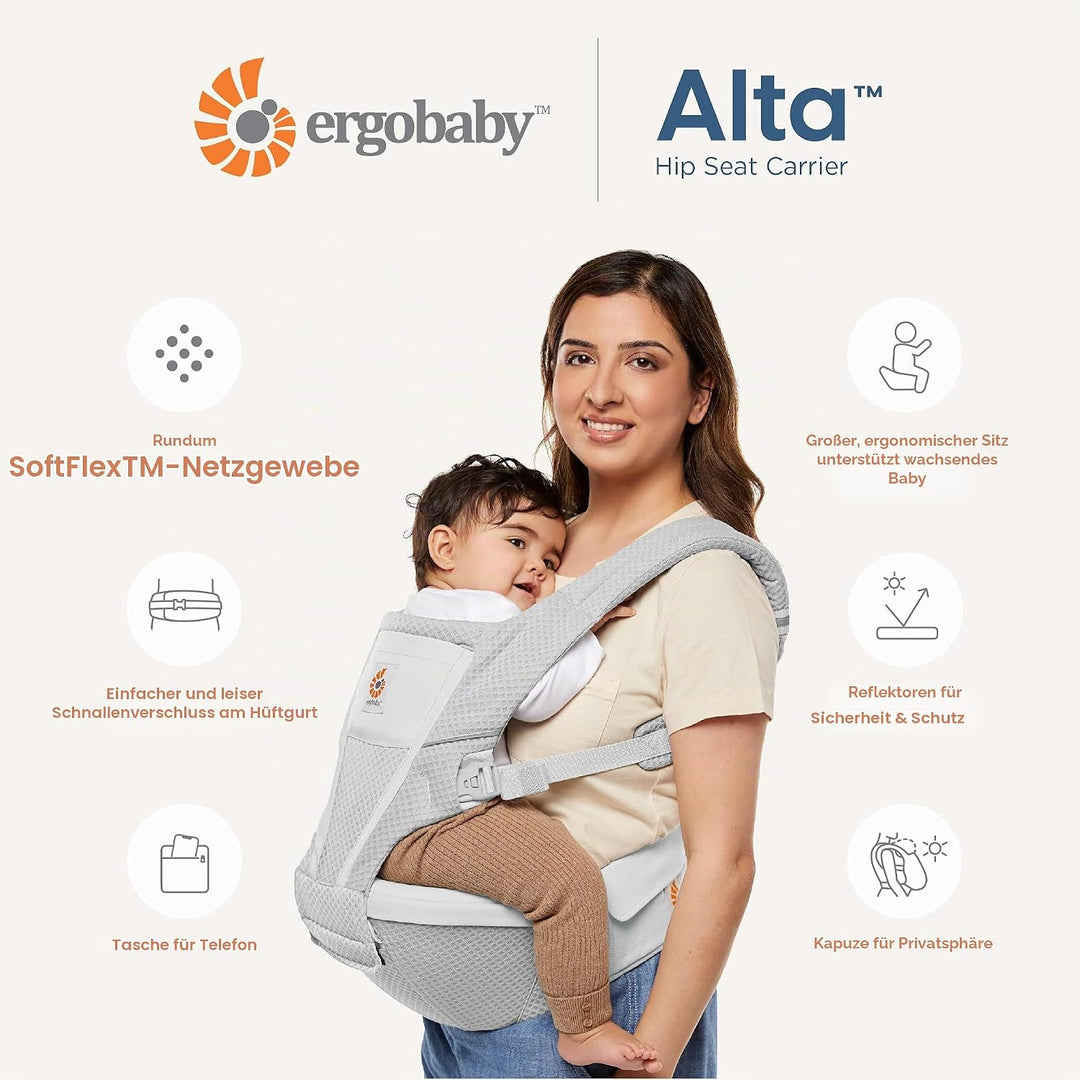 Ergobaby Alta Hip Seat Babytrage mit Babyhüftsitz für Babys und Kleinkinder ab 4 Monaten (5,5 kg - 2