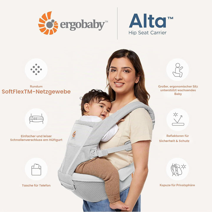 Ergobaby Alta Hip Seat Babytrage mit Babyhüftsitz für Babys und Kleinkinder ab 4 Monaten (5,5 kg - 2