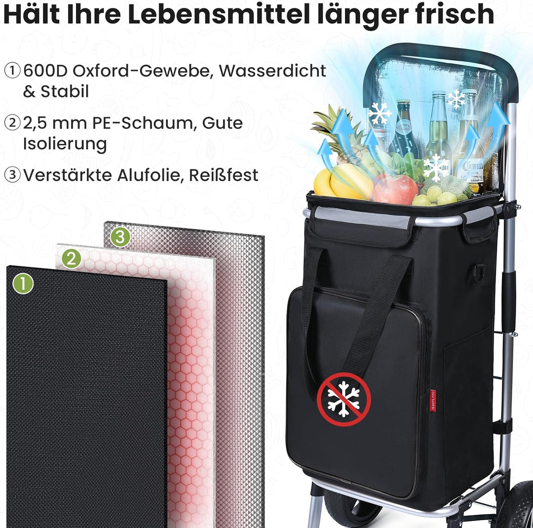 YEAUPE PRO Einkaufswagen mit Kühlfach | max. 50L & 25kg Traglast | Klappbarer 3in-1 Trolley Sackkarr