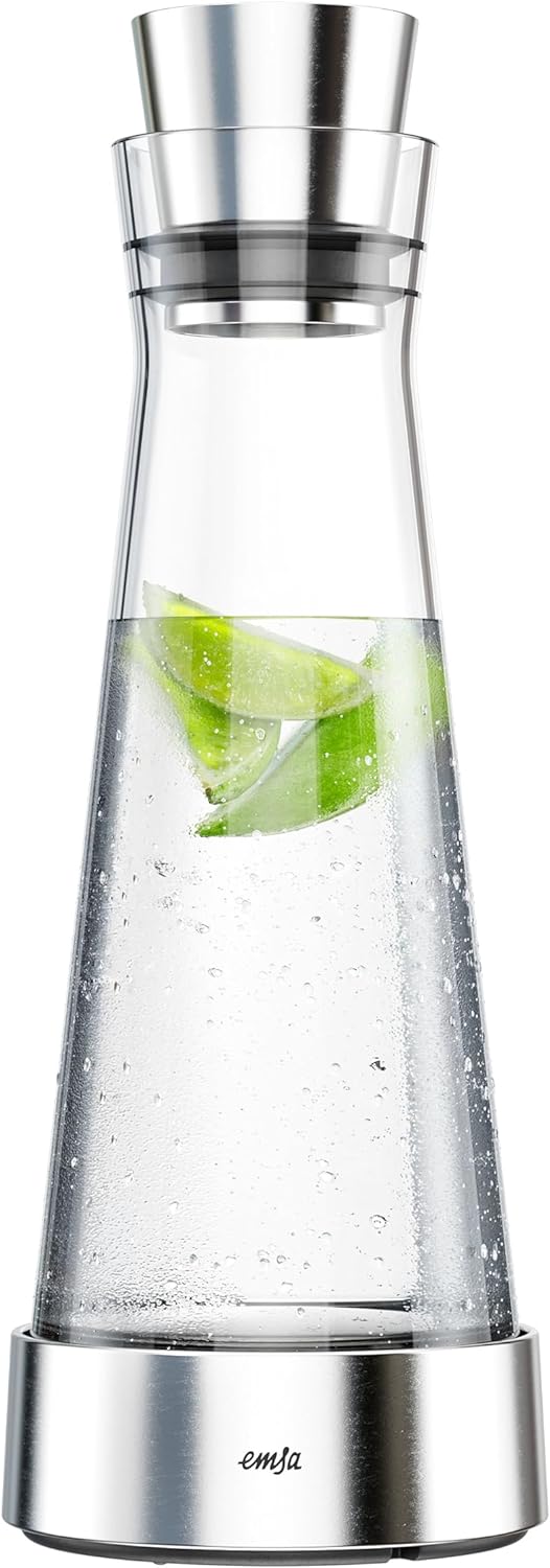 Emsa 514233 Flow Slim Glaskaraffe | mit Kühlelement, Glas | Elegantes Design | 1 Liter | Transparent