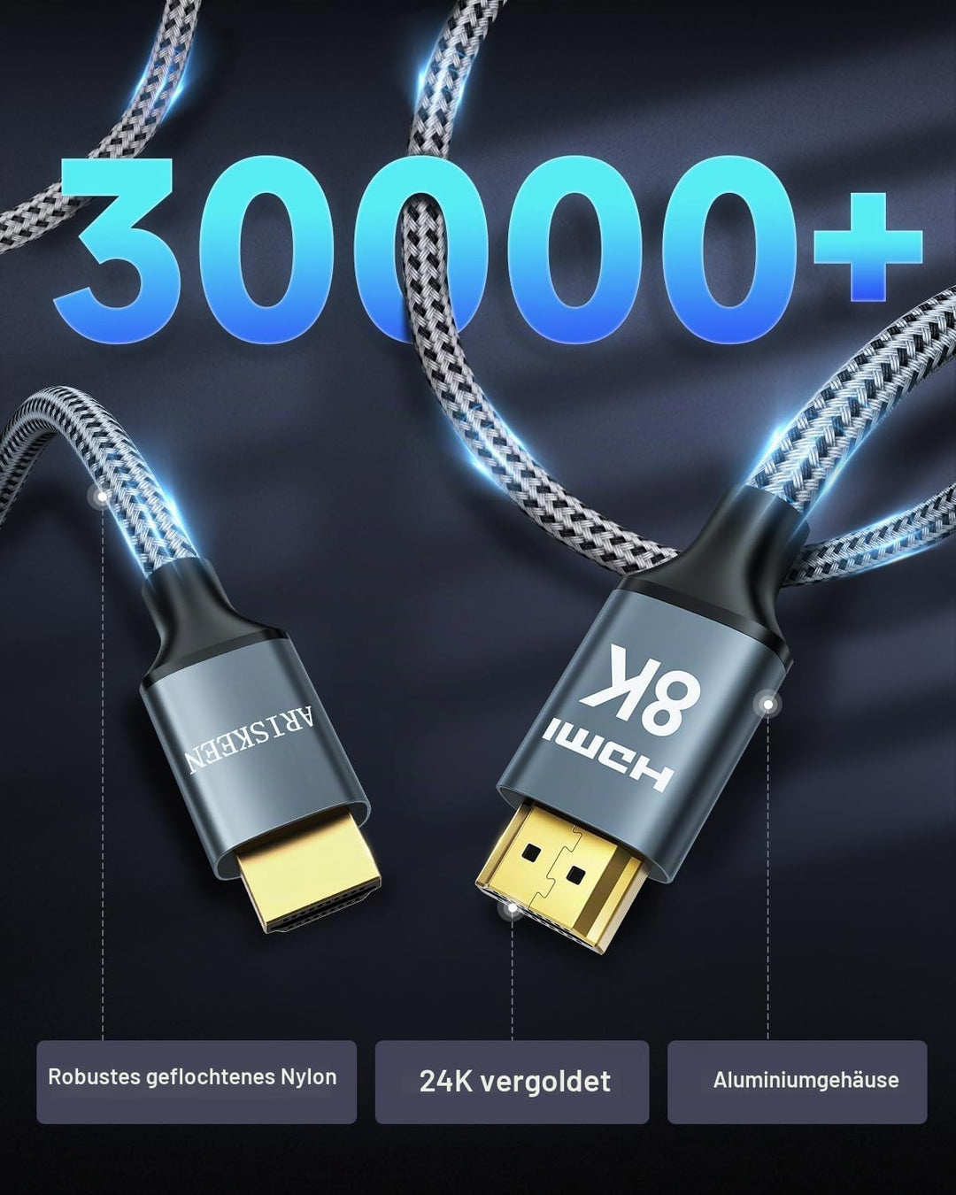 ARISKEEN 8K HDMI 2.1 Kabel 0.5M 2 Stück, 48Gbps High Speed Nylon Geflochtenes HDMI Kabel, Unterstütz