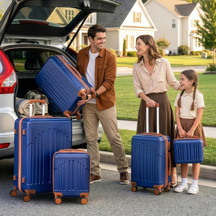 LALAHO Kofferset 5 teilig mit Kosmetikkoffer (Navy-Braun) | Hartschalen Koffer Set aus ABS, Reisekof
