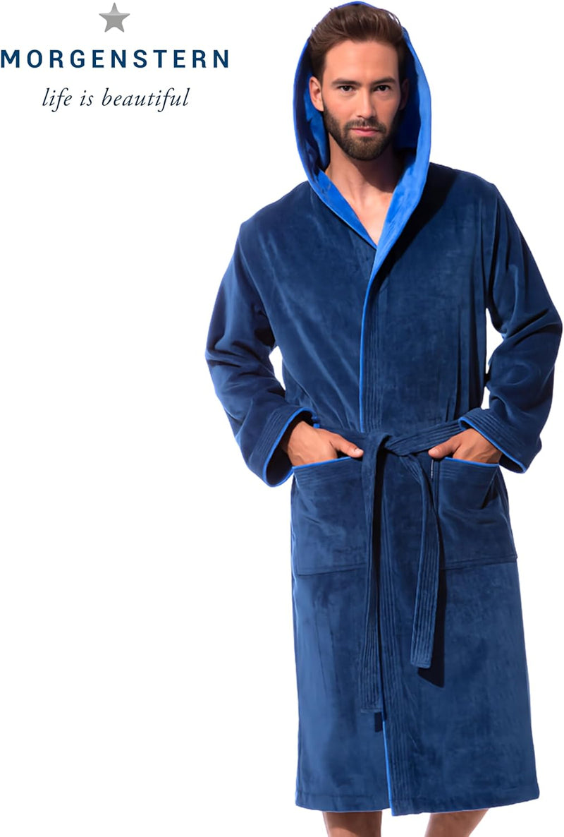 Morgenstern Bademantel Herren Kapuze 100% Baumwolle Frottee Velours Lang Finn M Blau, M Blau