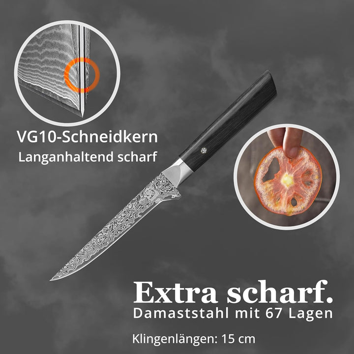 zayiko Black Edition Damastmesser Ausbeinmesser | Scharfe 14 cm Klinge aus 67 Lagen edlem dunklen Da