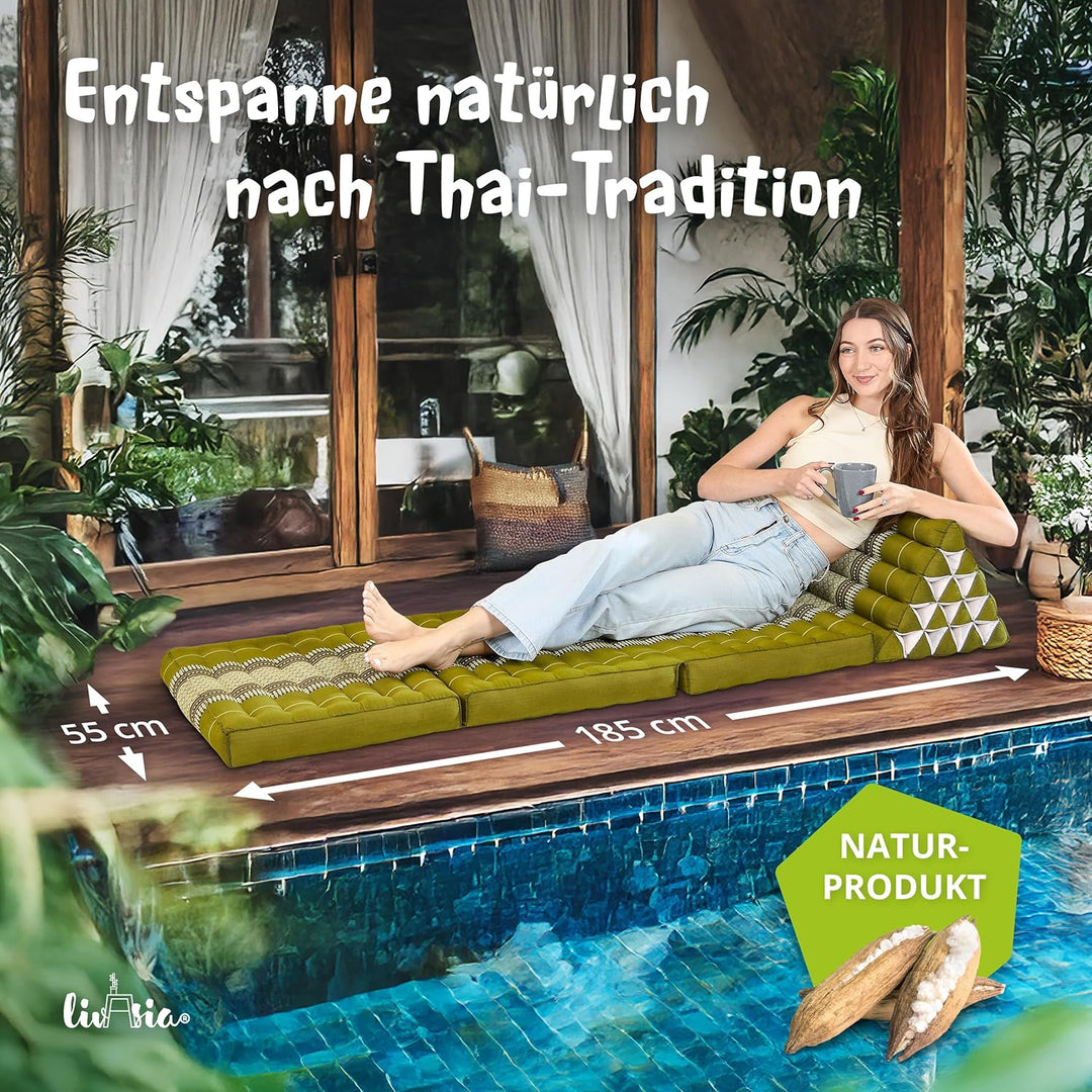 livasia Thaikissen 3 Auflagen extrahoch - 185x55x8cm - Dreieckskissen mit Klappmatratze, Kapok, Jumb