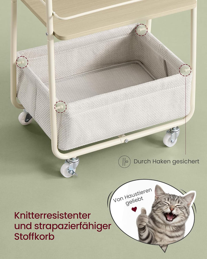 VASAGLE LILEA Kollektion - Rollwagen mit Korb aus Stoff, 3 Ebenen, Servierwagen mit Rollen, Ablagen,
