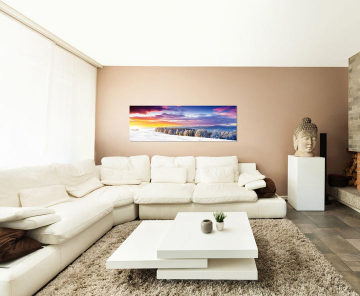 Paul Sinus Art Panoramabild auf Leinwand und Keilrahmen 150x50cm Ukraine Wald Schnee Berge Sonnenauf