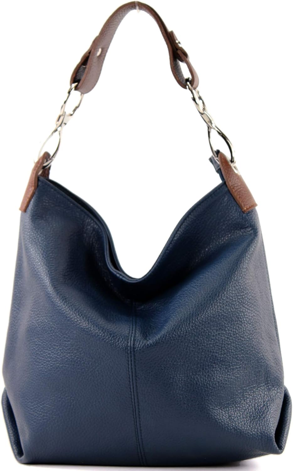 modamoda de - T168 - ital Schultertasche Umhängetasche aus Leder Saphirblau/Braun, Saphirblau/Braun