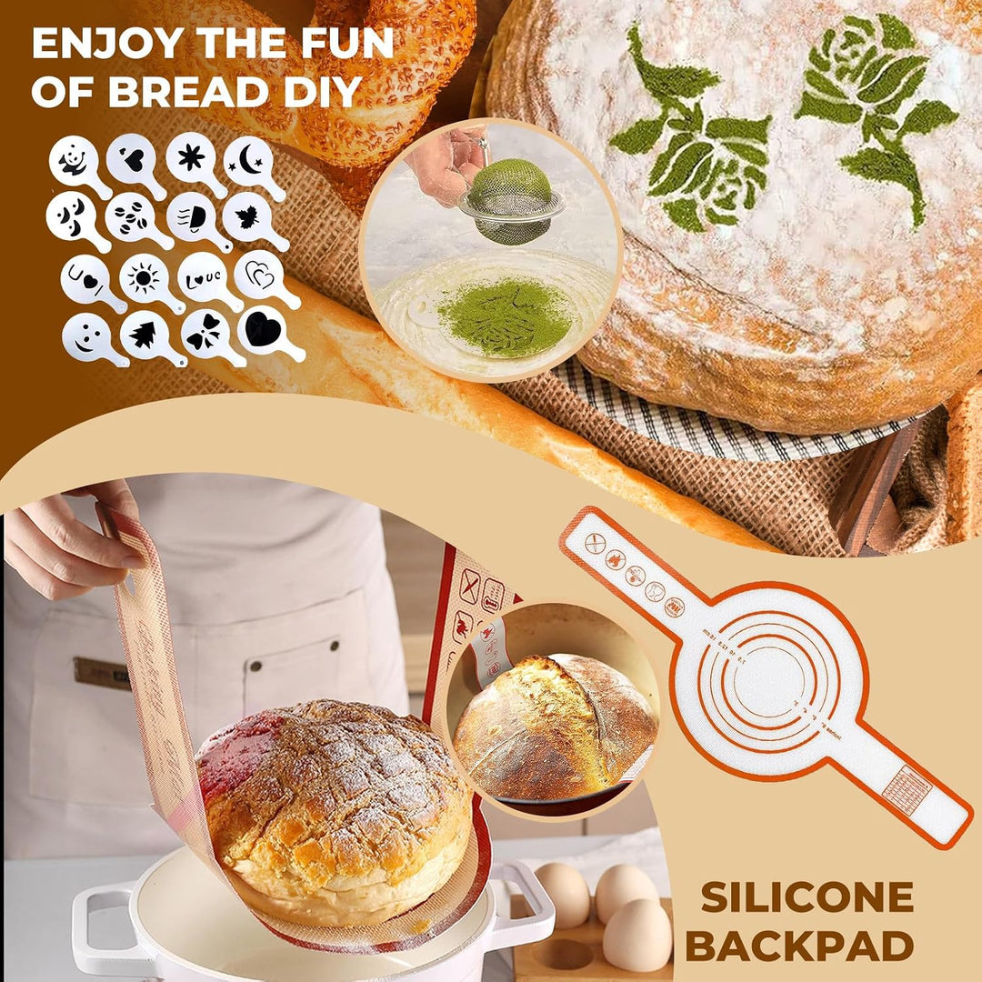 11-teilig Gärkorb Brot Set, Sauerteig Starter Set, Gärkörbchen Rund 25cm, Brot Backen Zubehör, 730ml