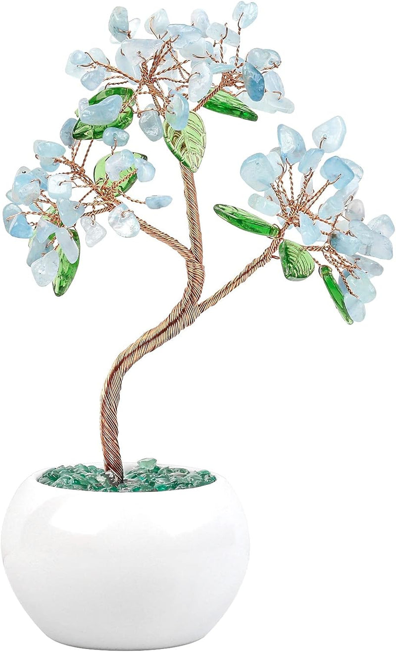 Nupuyai Aquamarine Kristall Baum Feng Shui Edelstein Baum mit Keramische Basis, Glücksbaum, Geldbaum