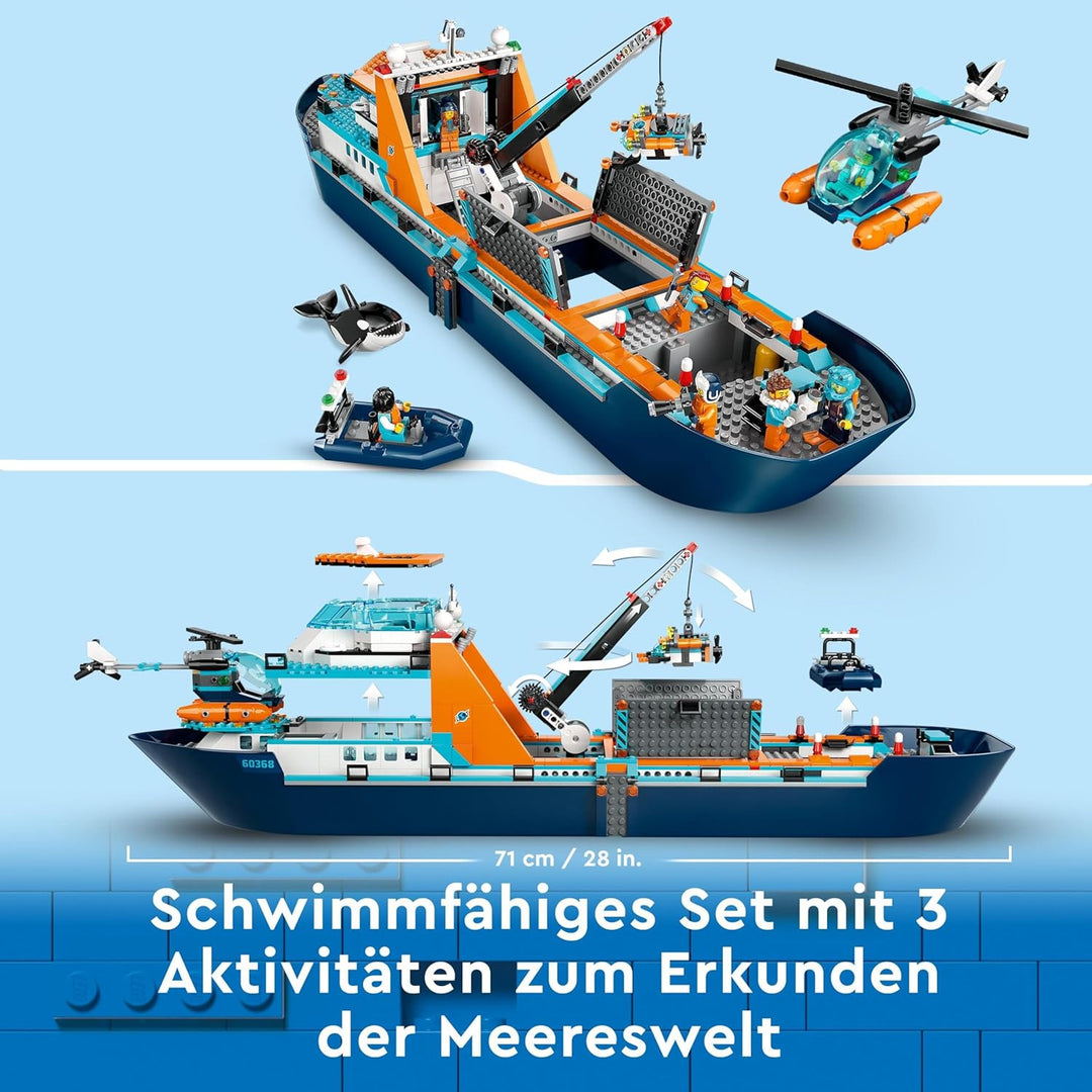 LEGO City Arktis-Forschungsschiff, grosses schwimmfähiges Spielzeug-Boot mit Hubschrauber, Beiboot,