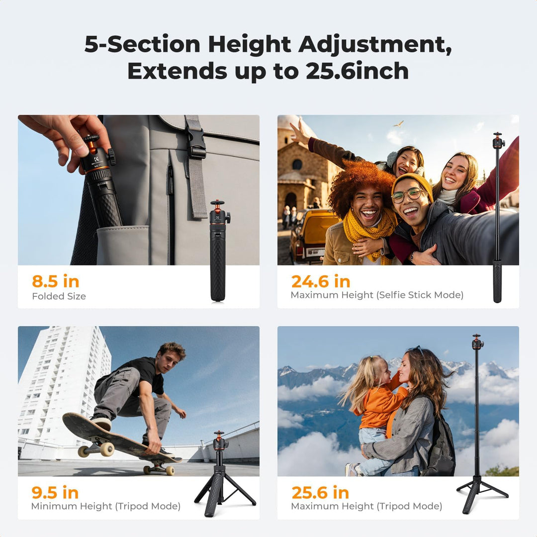 K&F CONCEPT Selfie Stick, Ein-Klick-Ausklappfunktion, 175g ultraleichtes Handy stativ, ausziehbar bi