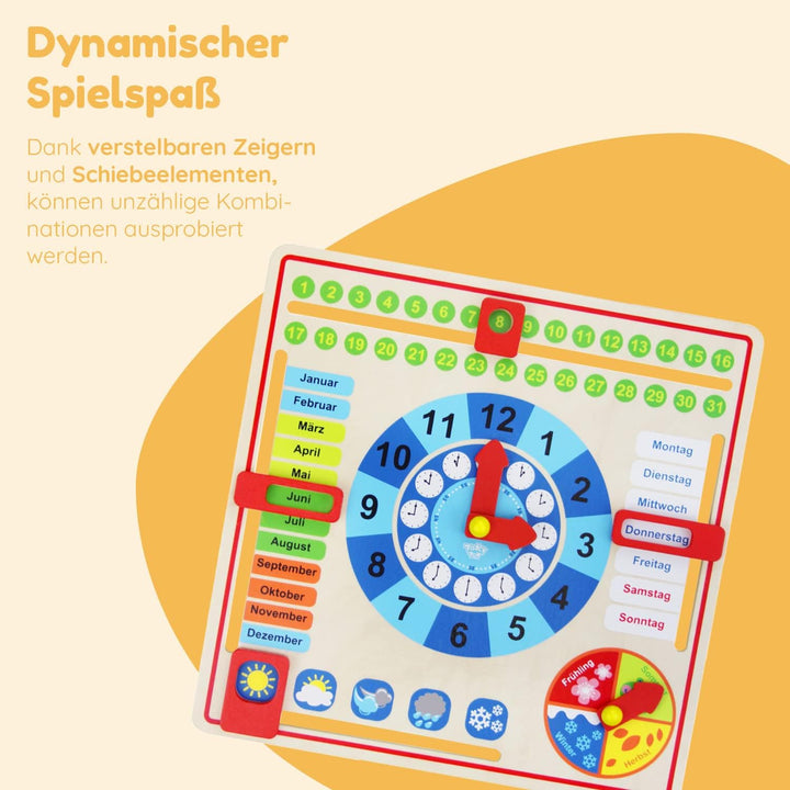 Tooky Toy Holz Jahresuhr für Kinder - Lernuhr - Kalenderuhr - Lerntaffel - Uhr, Wochentage, Monate,