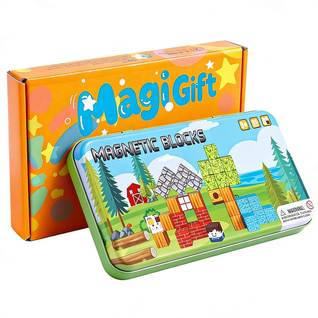 MEESHEEP Magnetbausteine 35 Teile, Waldmotiv mit Metallbox – Reisegeeignetes Flugzeug- & Autospielze