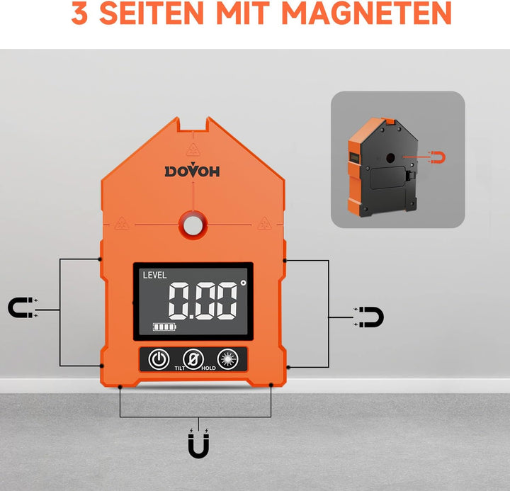 DOVOH 3-in-1 Digitaler Winkelmesser mit Laser, Neigungsmesser & Laser, 3 grüne Laserlinien, magnetis