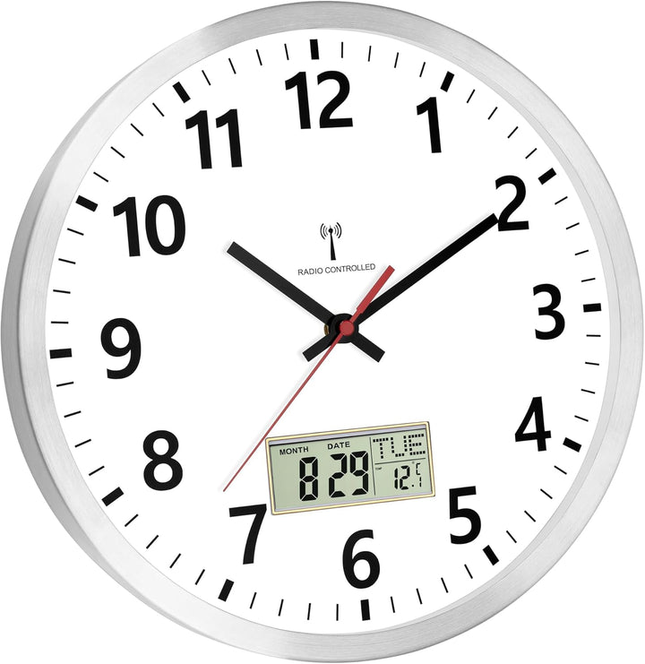 Foxtop Wanduhr Funk Analog 30cm Digitale Wanduhr mit Temperatur und Datum LCD-AnzeigeUhr für Küche,