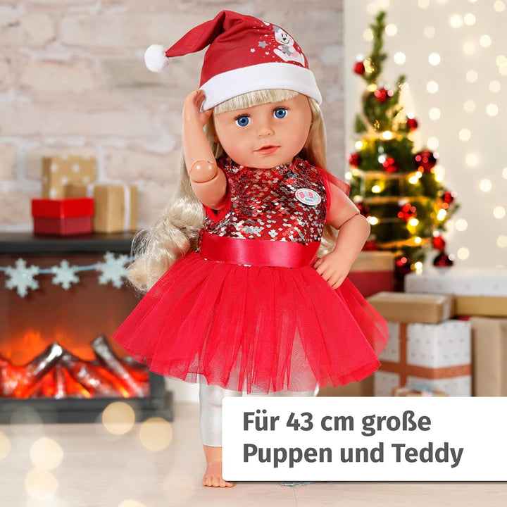 BABY born Weihnachtsoutfit 43cm, Weihnachtskleid mit Pailletten, Leggings und Weihnachtsmütze für 43
