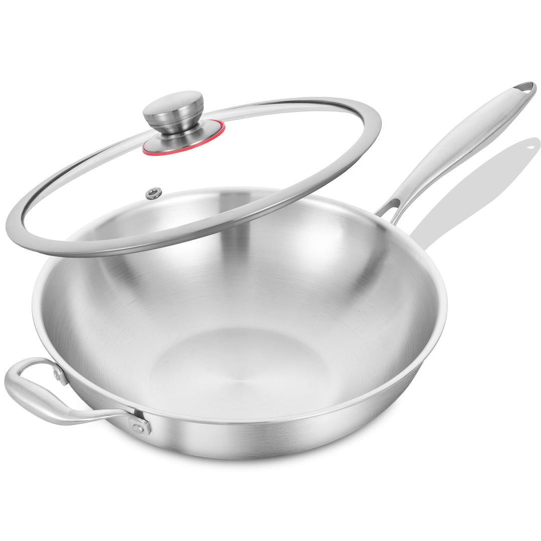 LOLYKITCH 32 cm dreilagige Edelstahl-Wokpfanne mit Deckel, Stri-Bratpfanne, Induktionspfanne, spülma
