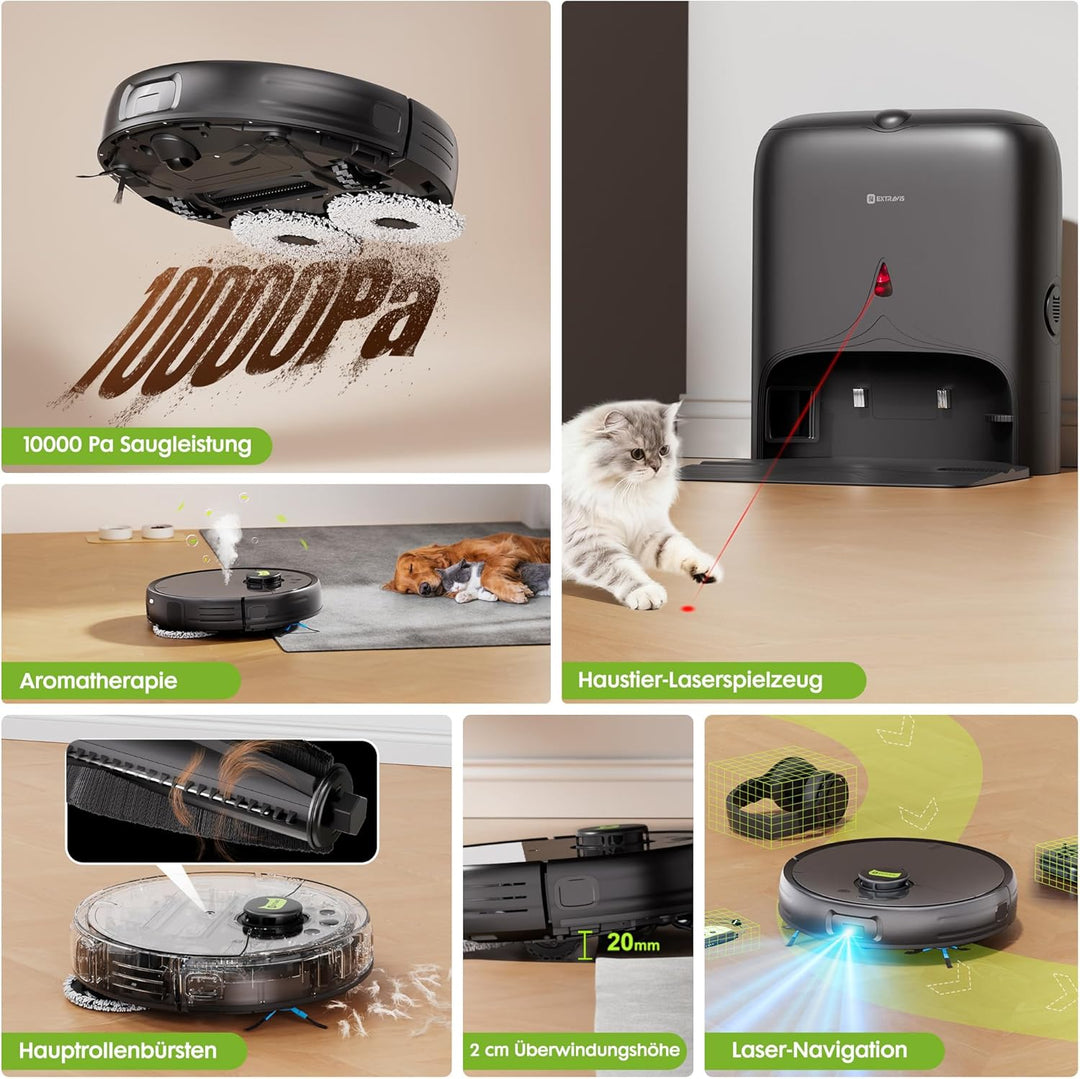 Saugroboter mit Wischfunktion 10,000Pa, Tierhaar-Schneider, Katzen-Laserspiel, Automatische Staubent