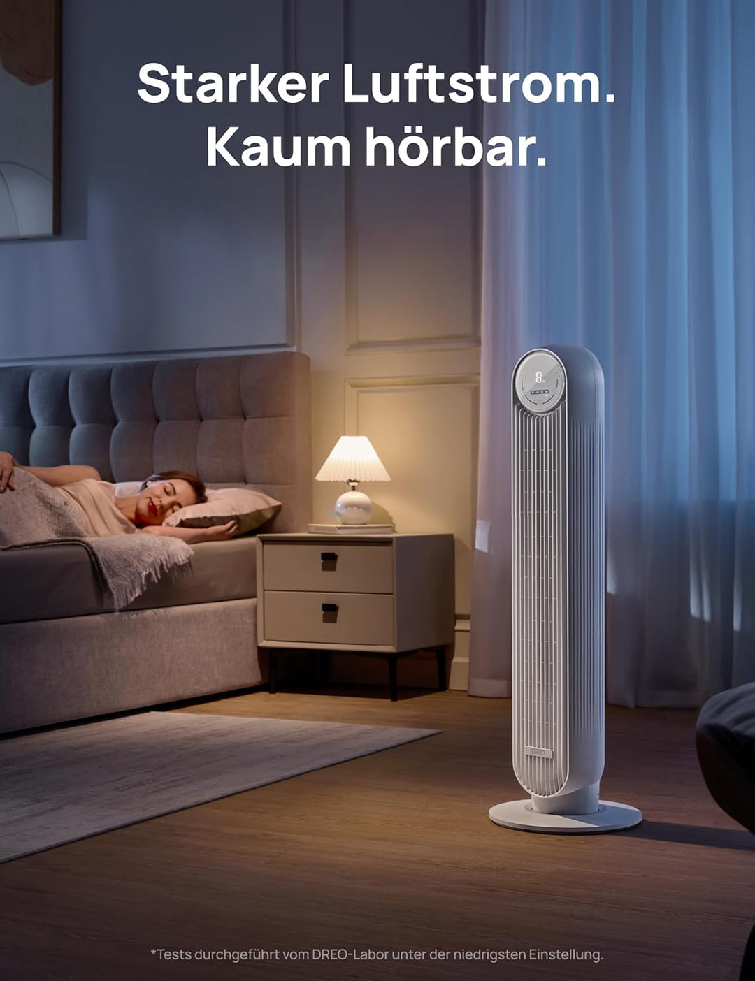 Dreo 28dB Leiser Turmventilator, 7,3m/s Geschwindigkeit 4 Geschwindigstufen 4 Modi 8 Std. Timer 90°