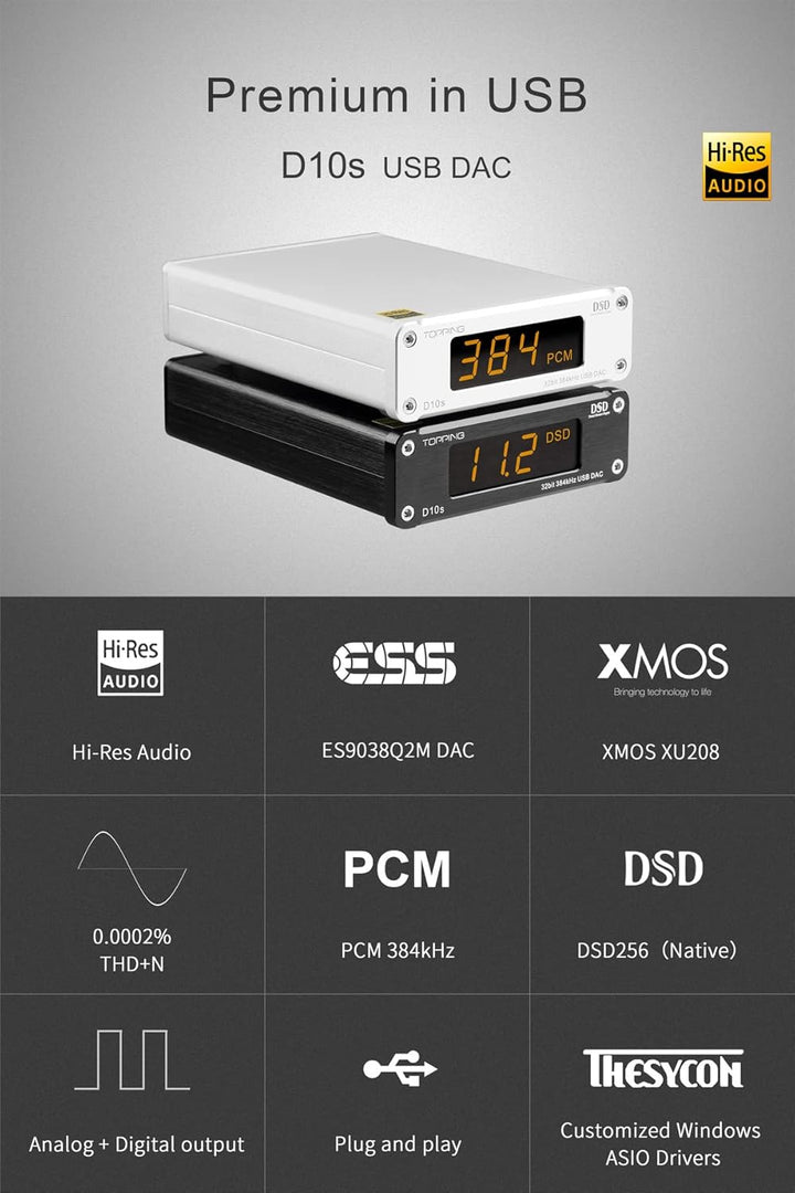 Topping D10s Mini USB DAC ES9038Q2M XMOS XU208 PCM384kHz DSD256 Native Audio Amplifier Decoder Schwa