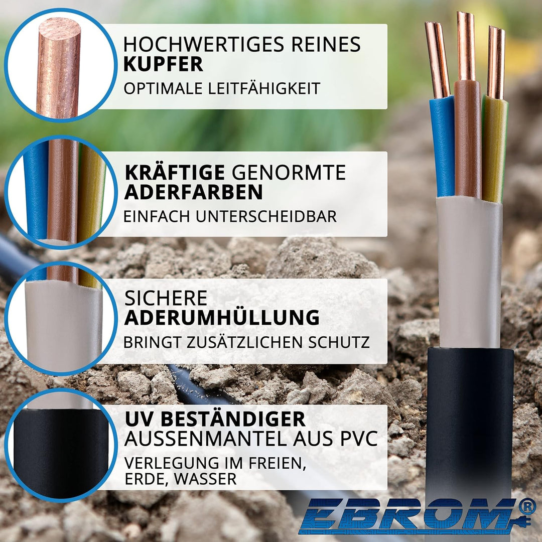 EBROM Starkstromkabel NYY-J 3x4 mm² - Erdkabel - NYY-J 3x4 mm² - schwarz - Meterware auf den Meter g