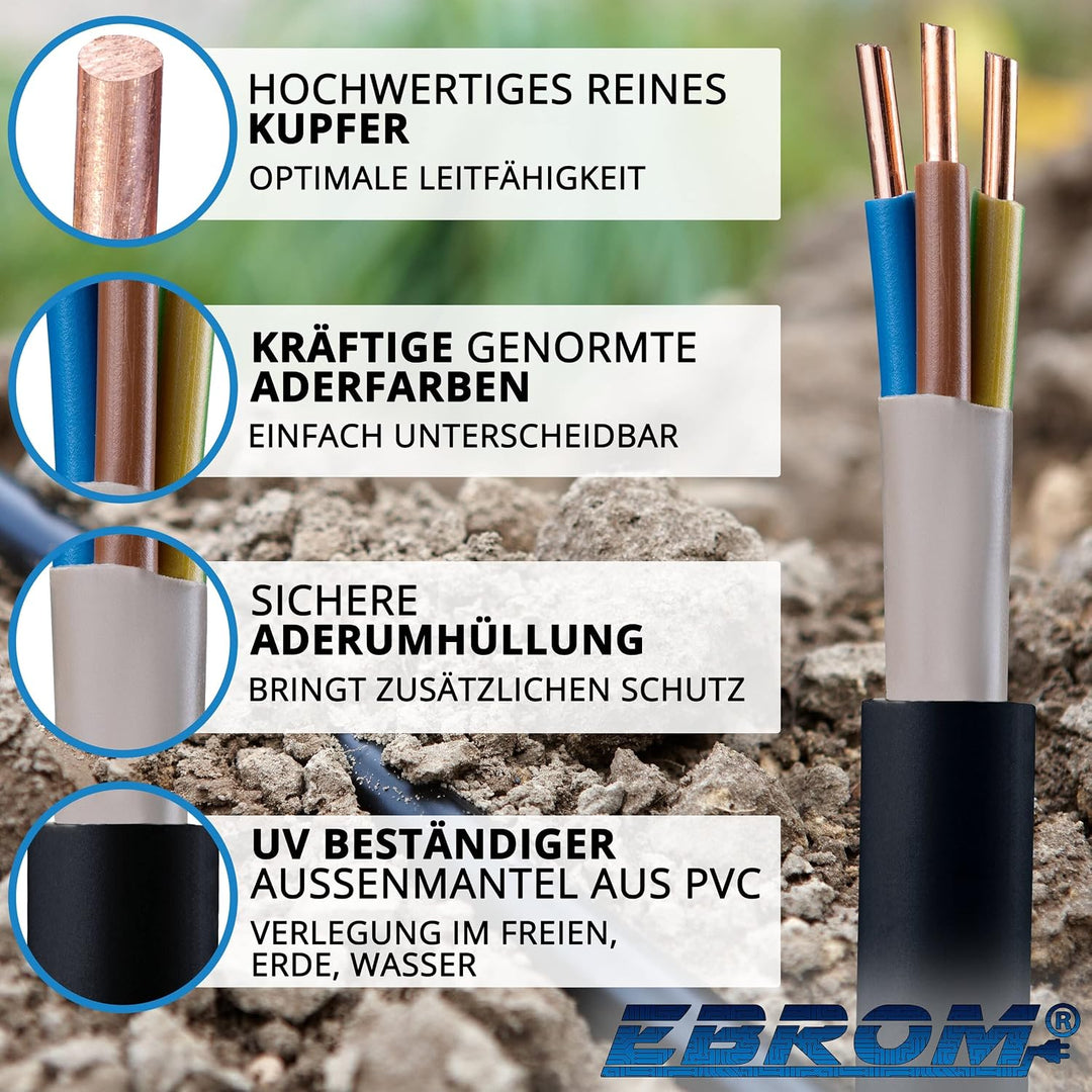 EBROM Erdkabel NYY-J 3x4 mm² Starkstromkabel Erdleitung schwarz - 40 m | 5 m bis 100 m - Elektrokabe