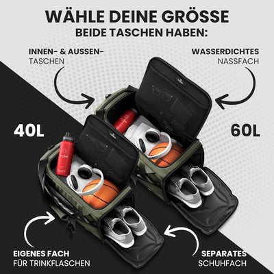 Sporttasche Trainingstasche + Rucksack-Funktion, Schuhfach, Nassfach | 40/60L Reisetasche Schwimmtas