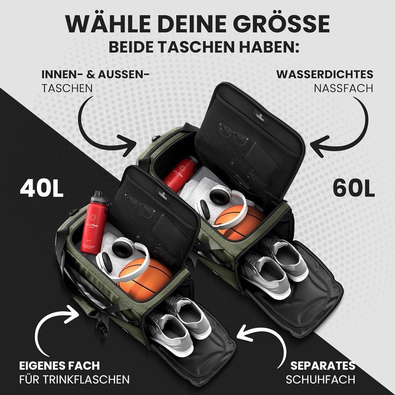 Sporttasche Trainingstasche + Rucksack-Funktion, Schuhfach, Nassfach | 40/60L Reisetasche Schwimmtas