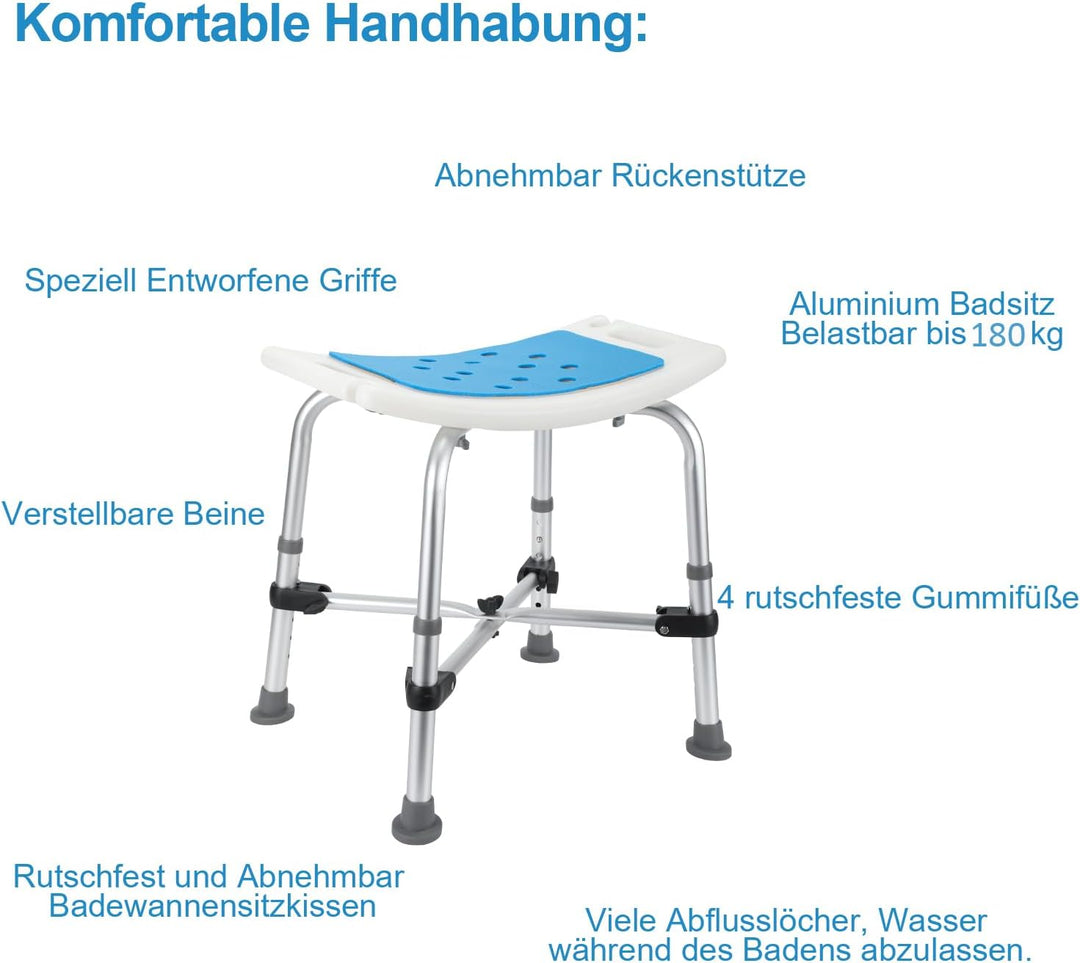 Duschhocker, höhenverstellbar Duschstuhl 38-54cm, Badhocker mit rutschfeste Gummifüsse, Duschsitz mi