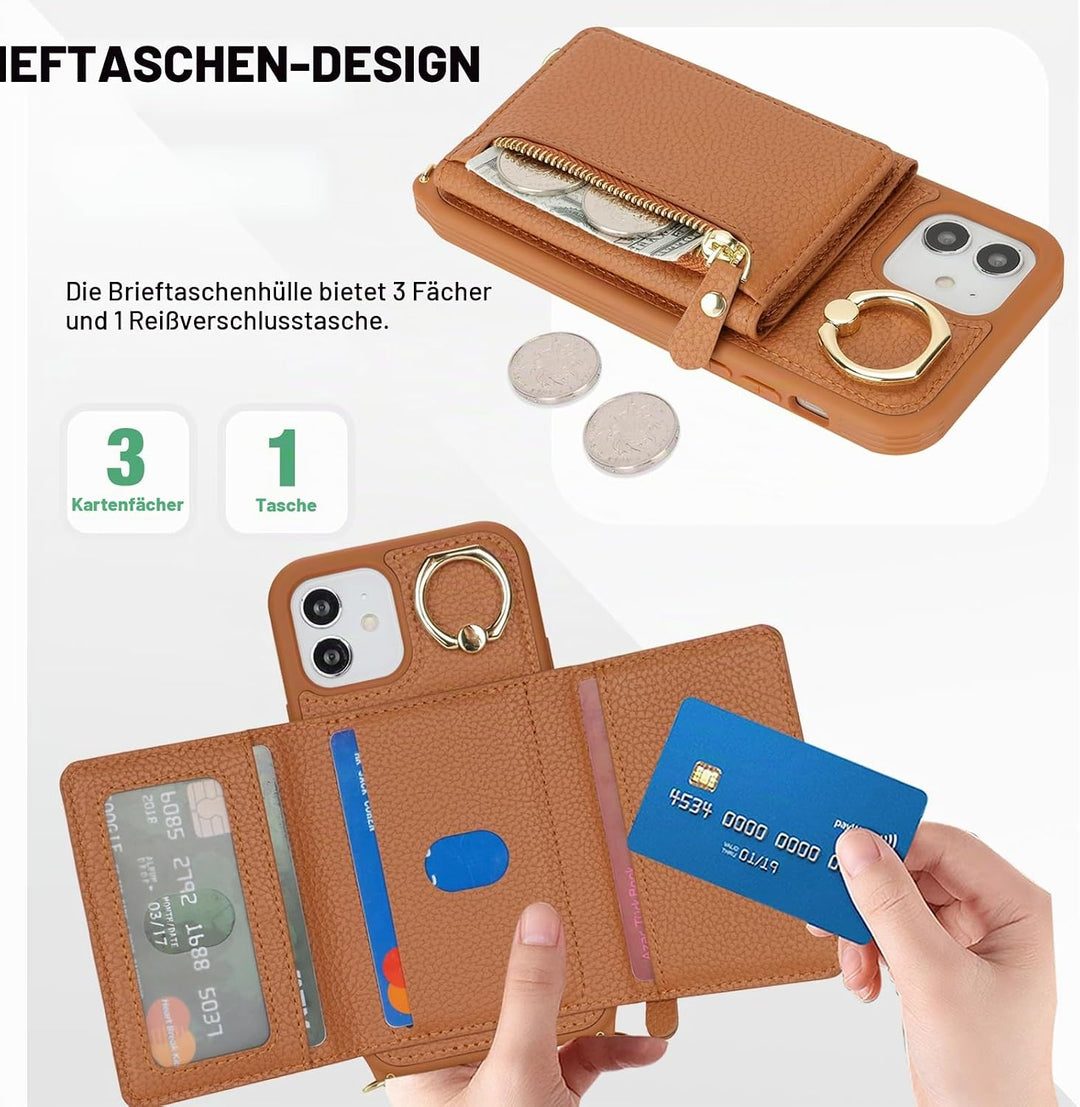 ELTEKER Handyhülle für iPhone 12 Mini Hülle mit Band Kartenfach Handykette Ringhalterung Geldbörse,L