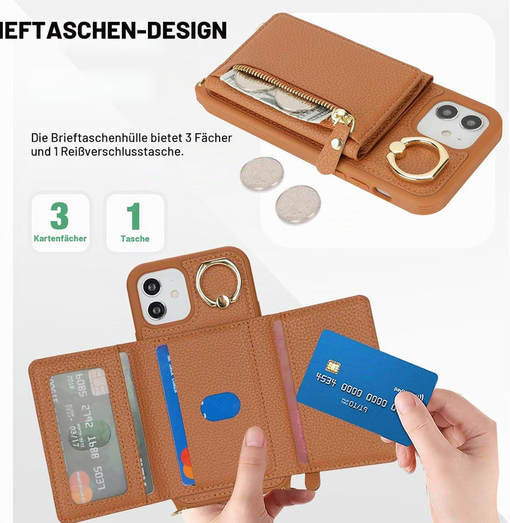 ELTEKER Handyhülle für iPhone 12 Mini Hülle mit Band Kartenfach Handykette Ringhalterung Geldbörse,L