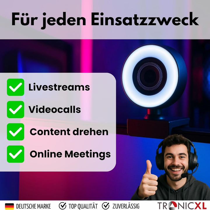 TronicXL Webcam Full HD mit Ringlicht Lampe 1920x1080p Autofokus I 2 Mikrofone Geräuschunterdrückung