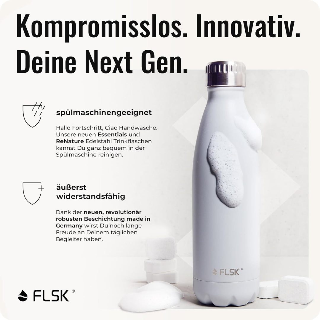 FLSK Edelstahl Next Gen Essentials Trinkflasche (500 ml, 750 ml, 1000 ml) - widerstandsfähig, kohlen