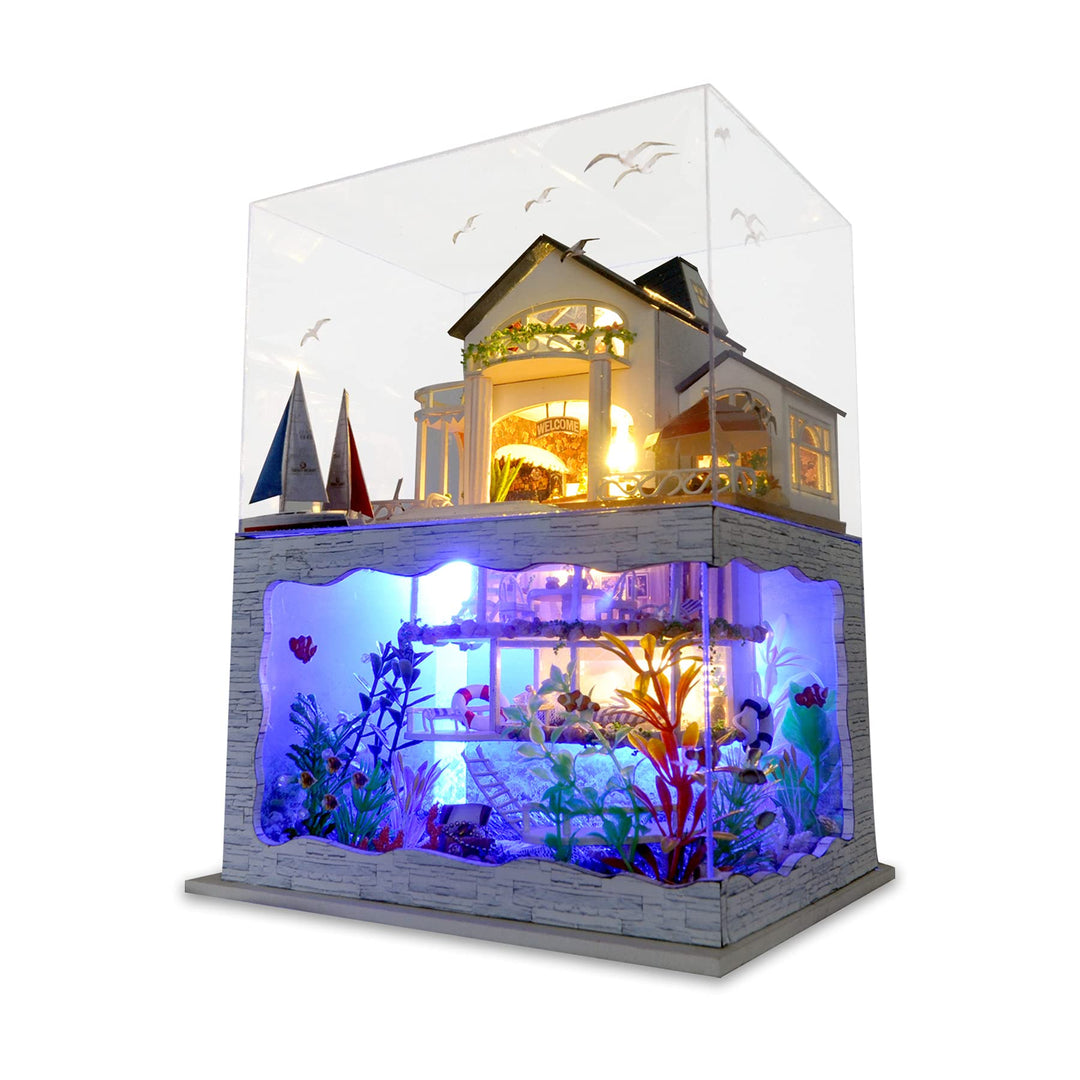 Cuteefun DIY Miniatur Puppenhaus Meer Kit zum BAU Miniatur Haus mit Staubdichten Möbeln und Werkzeug
