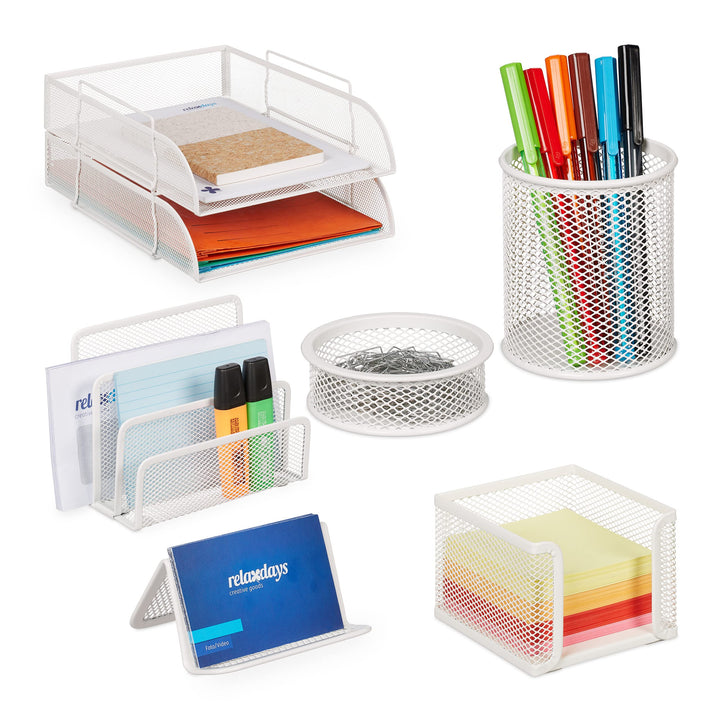 Relaxdays Schreibtisch Organizer Set, 7-tlg., Metall, Ablagefächer, Zettelbox, Brief-, Büroklammer-