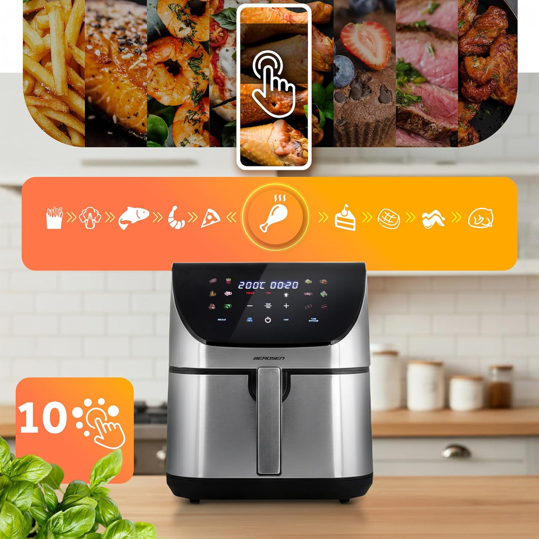 Berdsen Heissluftfritteuse XXL 8L - Airfryer mit Touchscreen - 1700W - 12 Programme - Gesund ohne Fe