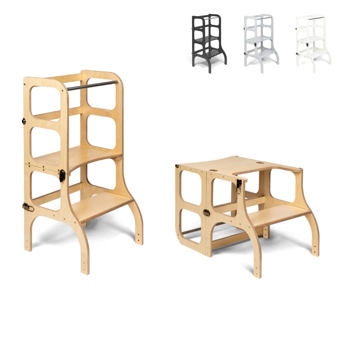 Klappbarer Lernturm mit Sitzfunktion, 45 cm Stehhöhe, Step’n’Sit, Lernturm mit Sitz und Tisch umklap