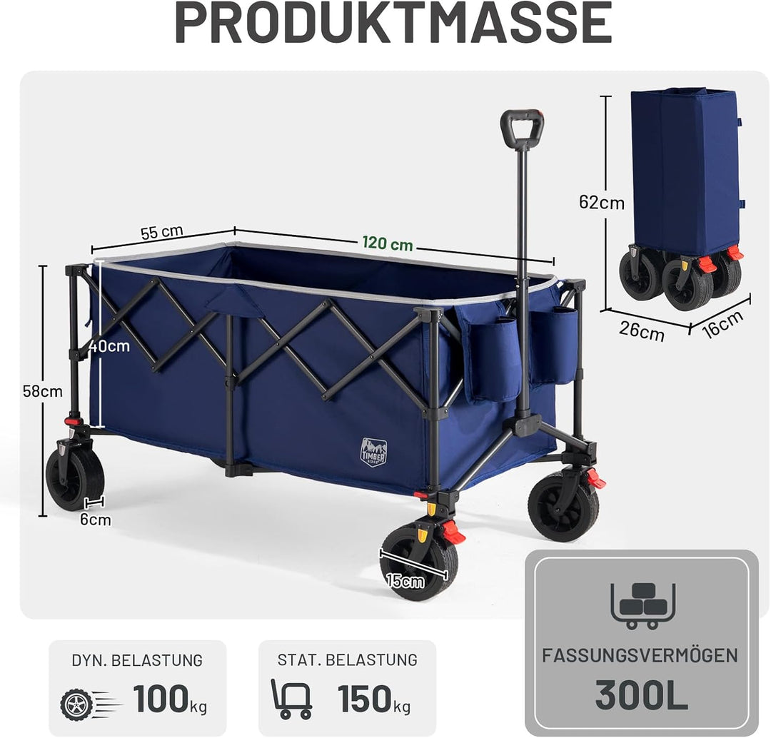 TIMBER RIDGE Faltbarer Bollerwagen 300L Klappbarer Strandwagen 150kg Traglast Campingwagen All-Terra